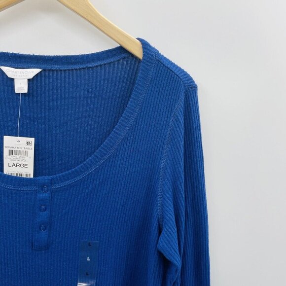 Charter Club Womens Size Large Long Sleeve Ribbed Henley Pajama Top in Blue 1267 - Picture 3 of 7